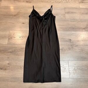 Black Midi Slip Dress Cowl Neck Large‎ L Sleeveless Lined Party Cocktail Flaws